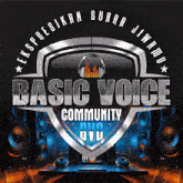 a logo for basic voice community shows a shield and headphones