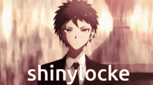 a man in a suit and tie is standing in front of a sign that says shiny locke