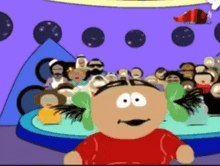a cartoon character in a red shirt stands in front of a crowd of people