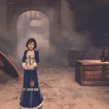 a woman in a blue dress has a catch coin icon on her waist
