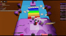 a screenshot of a video game with a rainbow in the background and a person talking to another person