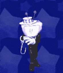 a cartoon character in a tuxedo is holding a cane