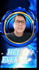 a picture of a man in a blue frame with the words hello ever after