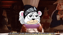 a cartoon bear wearing a kimba hat holding a plate