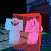 a blue and a pink cartoon character are in a box