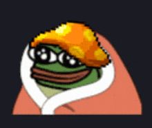 a cartoon frog is wrapped in a blanket and wearing a hat .