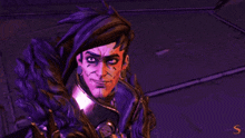 a cartoon character with purple hair and red arms is making a funny face .