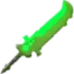 a green sword with a black handle is glowing in the dark .