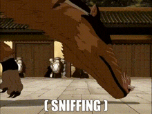 a cartoon of a dragon sniffing something while standing on a sidewalk .