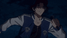 a man wearing a blue and white jacket with a badge that says ' tokyo police ' on it