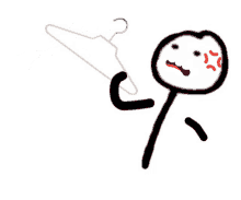 a stick figure with an angry face holding a clothes hanger