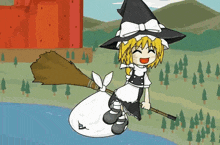a cartoon of a witch flying on a broom over a lake
