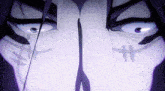 a close up of a cartoon character 's face with a purple background