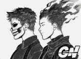 a black and white drawing of ghost rider and a skeleton