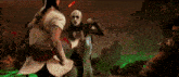 a man in a green costume is standing next to another man
