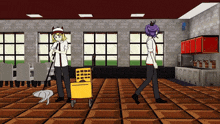 a cartoon drawing of two people cleaning a restaurant floor