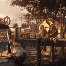 a man and woman sit on a dock with a boat in the background that has the letters psa on the side