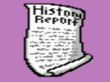 a pixel art drawing of a history report on a purple background