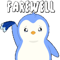 a blue and white penguin says farewell with a towel in its hand