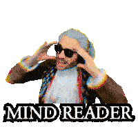 a man wearing sunglasses and headphones with the words mind reader written below him
