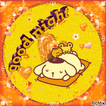a picture of pompompurin sleeping with the words good night