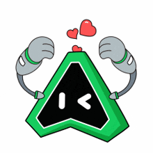a cartoon character is holding a green triangle with hearts coming out of it