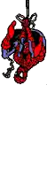 a cartoon drawing of a spider man hanging from a rope .