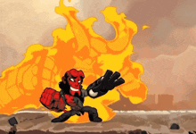 a cartoon character is standing in front of a huge fire