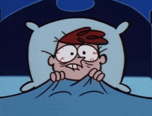 a cartoon character is laying in bed with a pillow on his head