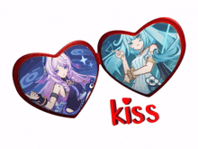 a red heart with a picture of two anime girls and the word kiss