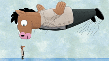 a cartoon of a horse flying through the air with a man standing below it