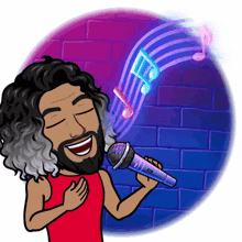 a cartoon man singing into a microphone with music notes behind him
