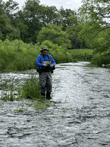 a man in a blue shirt and hat is standing in the middle of a river