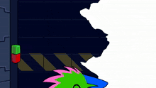 a cartoon drawing of a green cat with pink and blue hair and the letter w on his chest