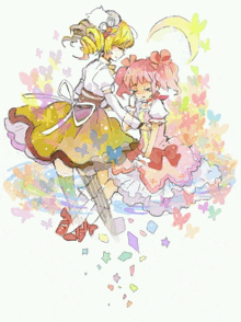 a drawing of two girls with flowers and butterflies in the background