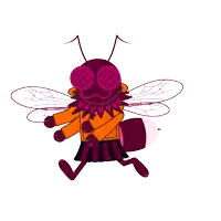 a cartoon of a fly wearing an orange jacket and a skirt