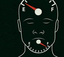 a drawing of a man 's face with a fuel gauge pointing to the e and f levels