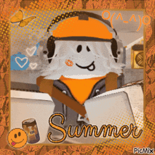 a cartoon character wearing headphones and an orange shirt with the words summer on it