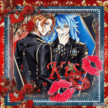 a couple of anime characters standing next to each other with red kisses coming out of their mouths .
