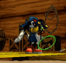 a pixel art of a cartoon character holding a whip and a rope .