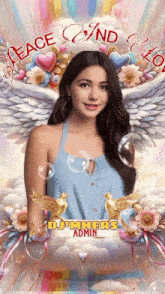 a picture of a woman with wings and the words peace and love on it