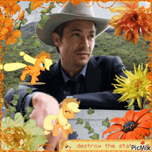 a picture of a man in a cowboy hat is surrounded by flowers and says destroy the state on the bottom