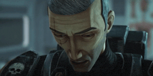 a close up of a man 's face with a skull on his shoulder .