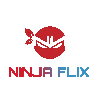 a logo for ninja flix shows a ninja with a leaf on its head