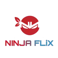 a logo for ninja flix shows a ninja with a leaf on its head