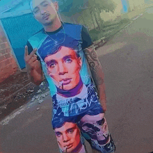 a man wearing a t-shirt with a picture of a man smoking a cigarette