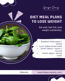 an advertisement for diet meal plans to lose weight with a bowl of spinach