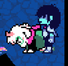 a pixel art of a person riding another person 's back