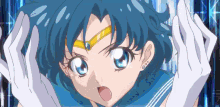 a close up of a blue haired anime girl with white gloves on her hands .