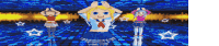 three anime girls are dancing in a blue room with stars in the background